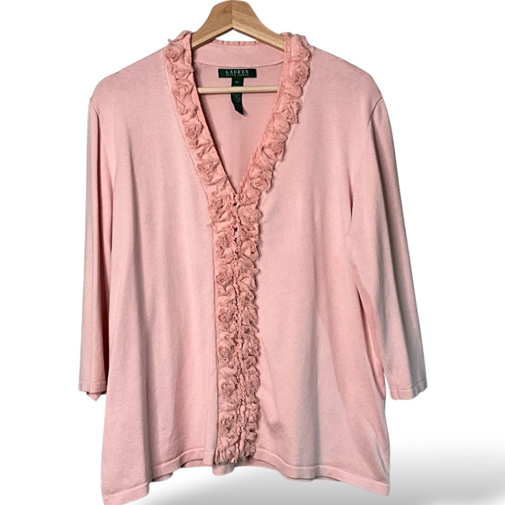 Lauren Ralph Lauren Pink Ruffled V-Neck Cardigan
